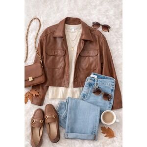 Ophelia Roe Brown Faux Leather Cropped Jacket Women Small Button Front Y2K